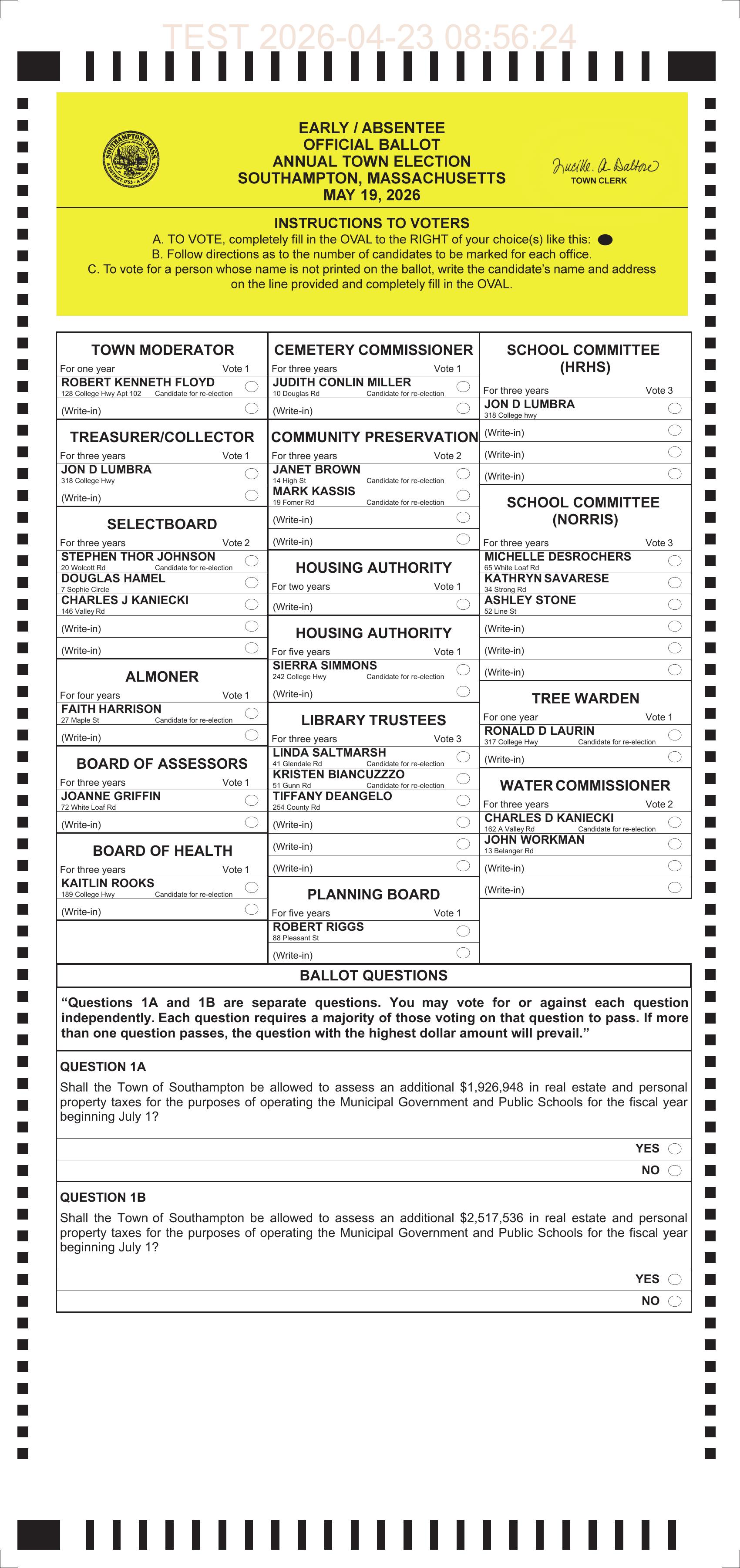 Official Southampton Early/Absentee ballot showing two override questions